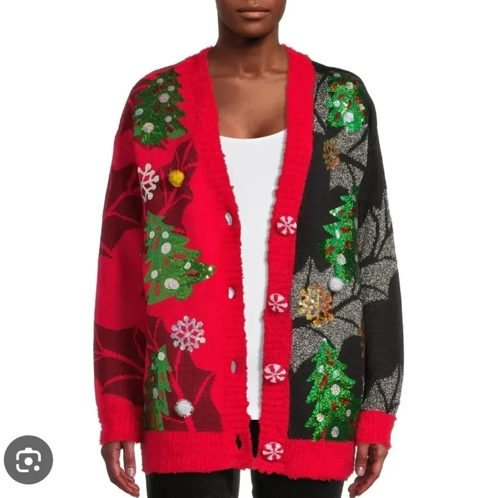 Holiday Time Festive Christmas Tree Cardigan Sweater - Red and Black, Large